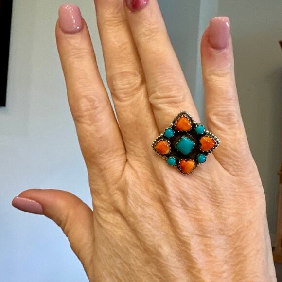 Turquoise & Spiny Oyster Southwestern Sterling Silver Ring Size 7 - Picture 5 of 6